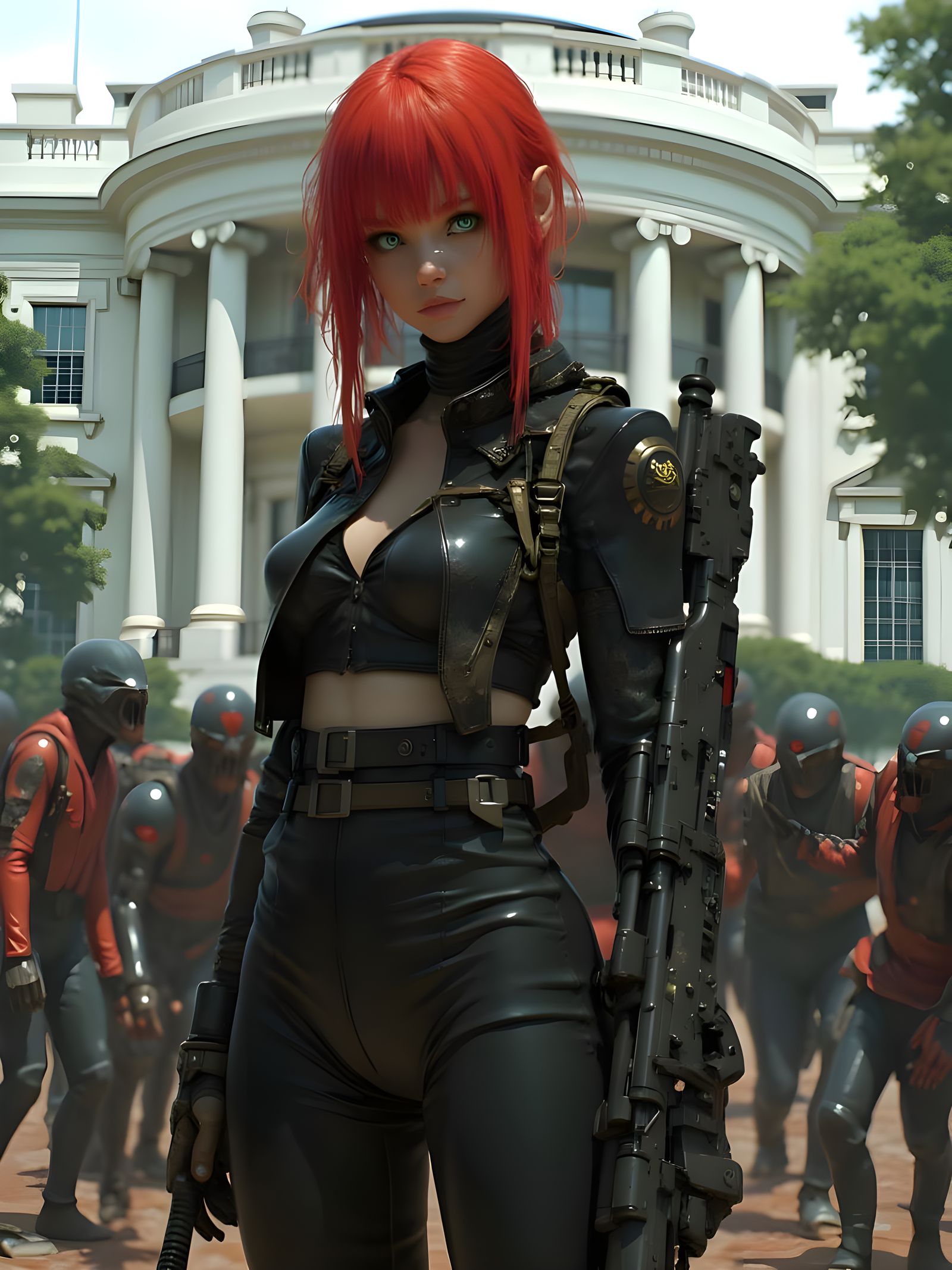 Cyberpunk Secret Service Gynoid in Combat Against Zombies