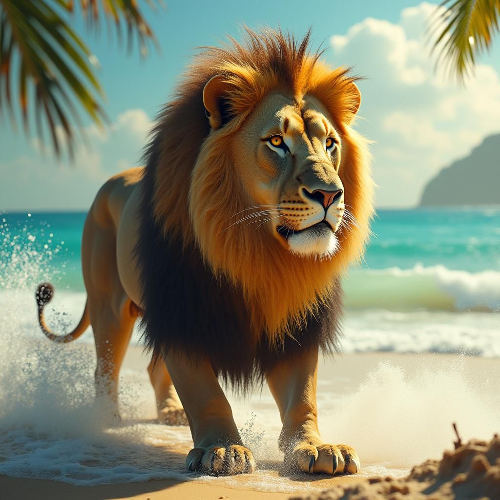 Lion on Tropical Island in Hyperrealistic Style