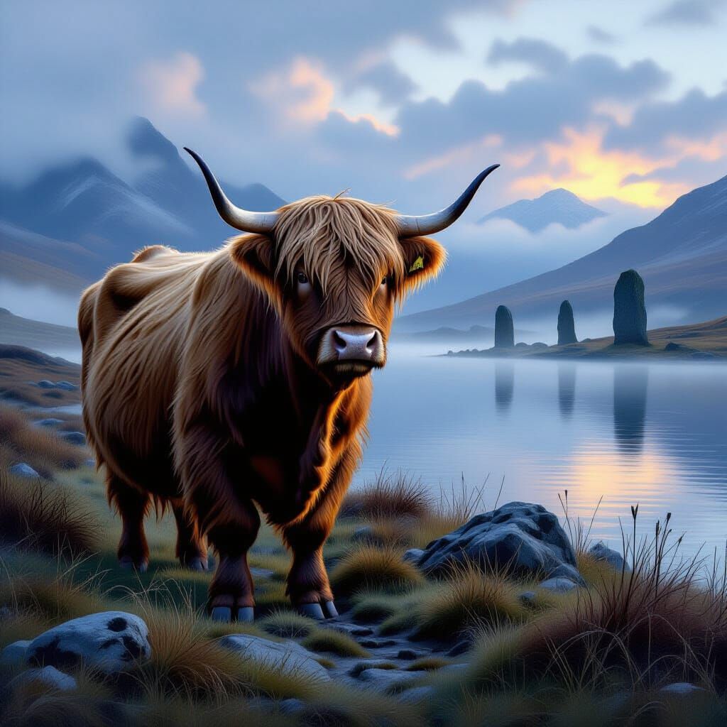 Highland Cow with Celtic Knots on Misty Moor