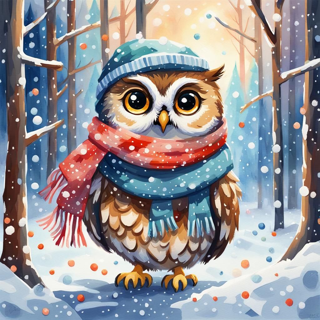 cute chibi owl wearing a scarf, cold winter morning, snowflakes in the air, in the woods