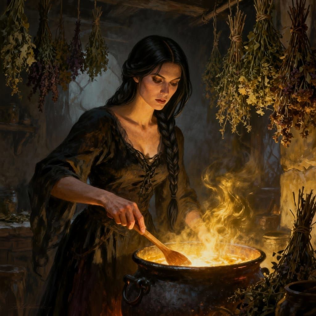 Witch Stirring Glowing Cauldron in Herb-Filled Room