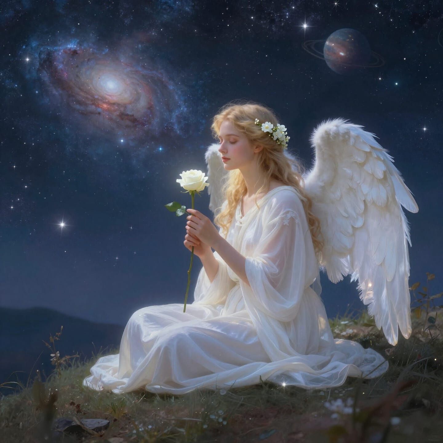 Serene Angel Gazing at Starry Night Sky
