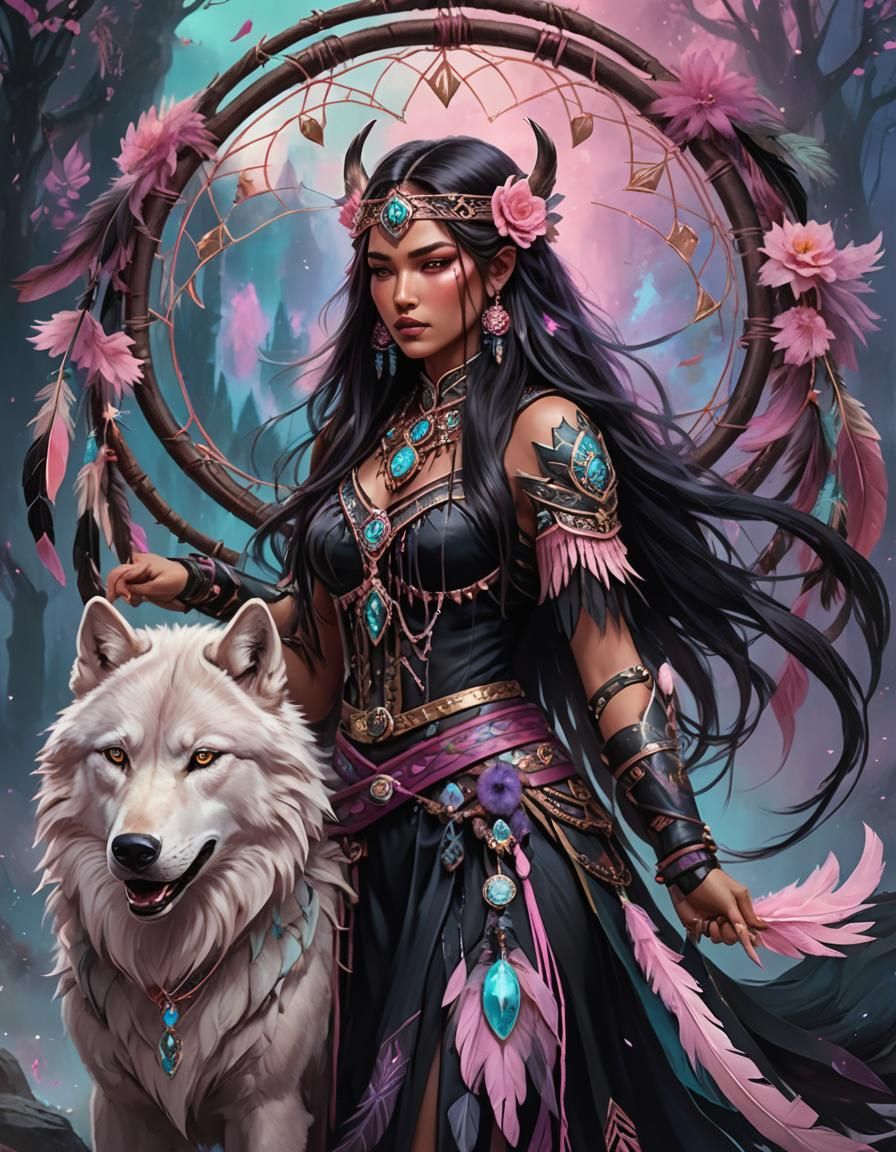 Warrior Princess with Wolf in Ethereal Fantasy Art