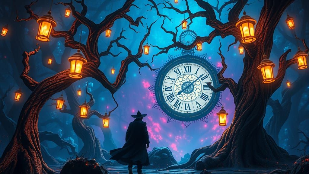 Mysterious Figure at Midnight in Ancient Forest