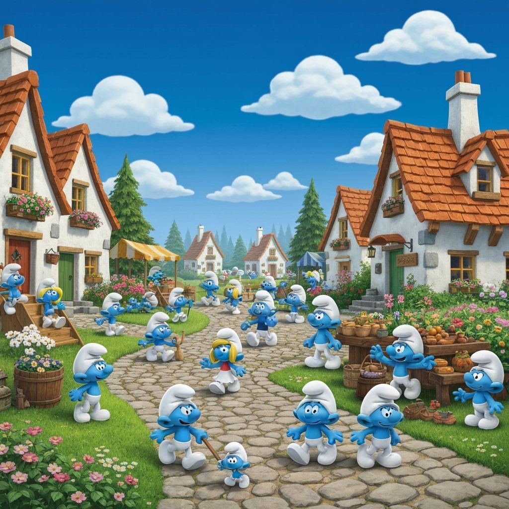 Bustling Smurf Village Scene on a Beautiful Day