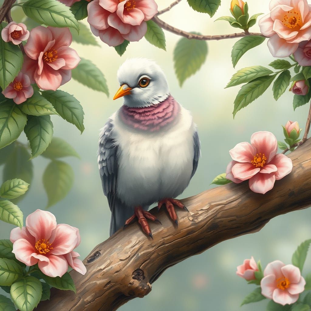 Whimsical Watercolor Pigeon Perched on a Branch