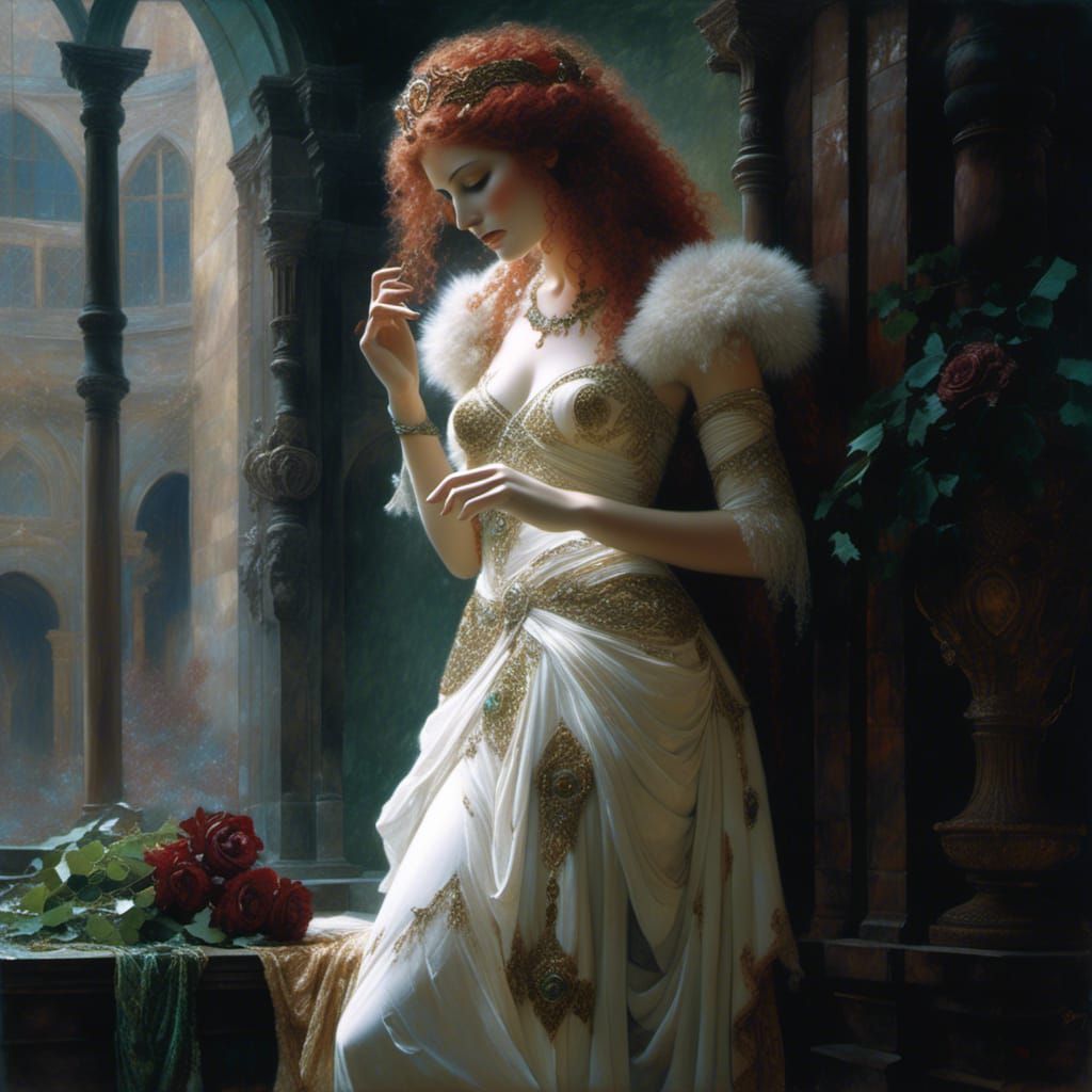 Red-Haired Horned Goddess in Hyperrealistic Style