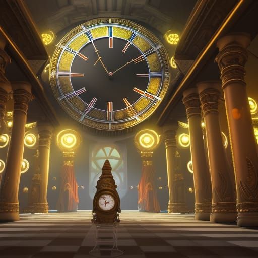 Majestic Temple Hall with Clock in Dark Fantasy Style