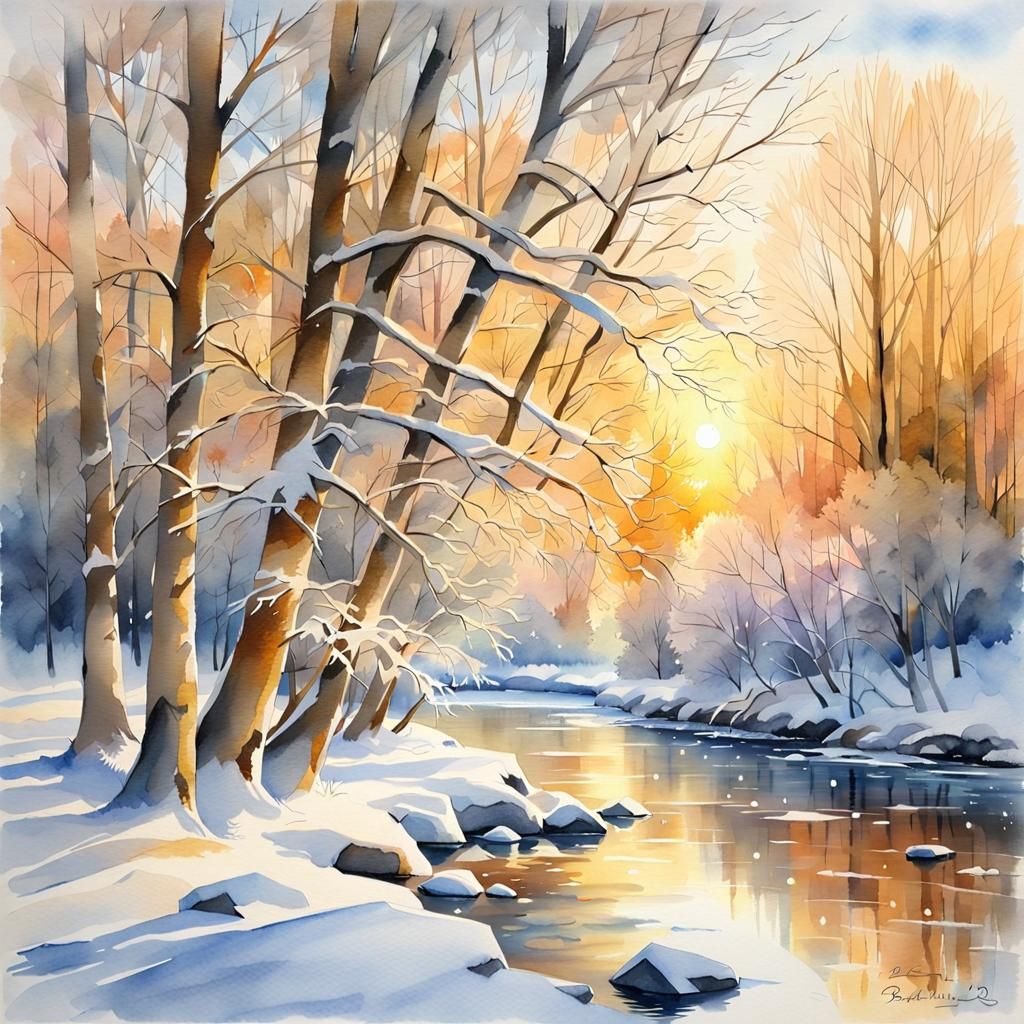 Golden Sunrise over Frozen River: Watercolor Masterpiece