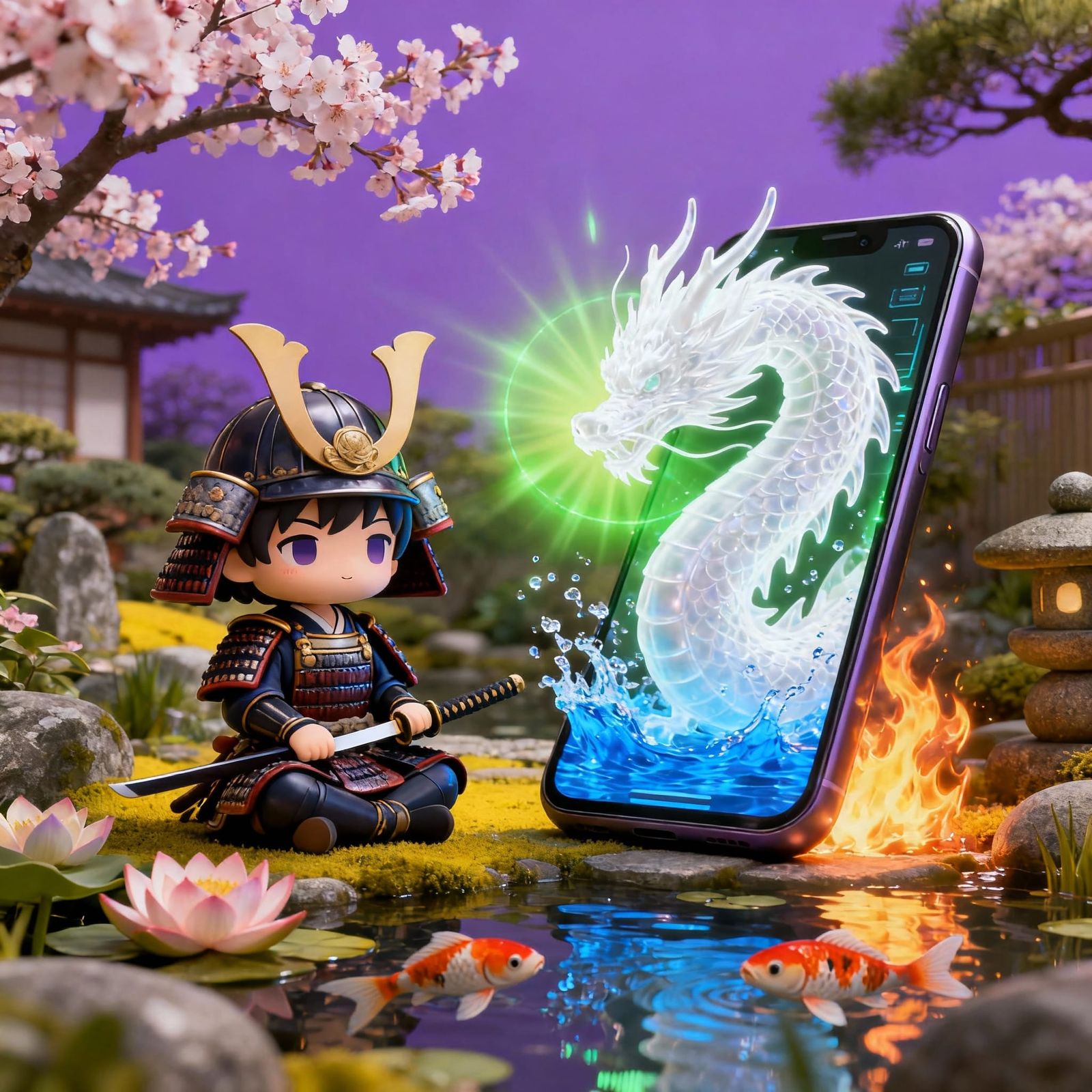 Chibi Samurai with Dragon Emerging from Smartphone