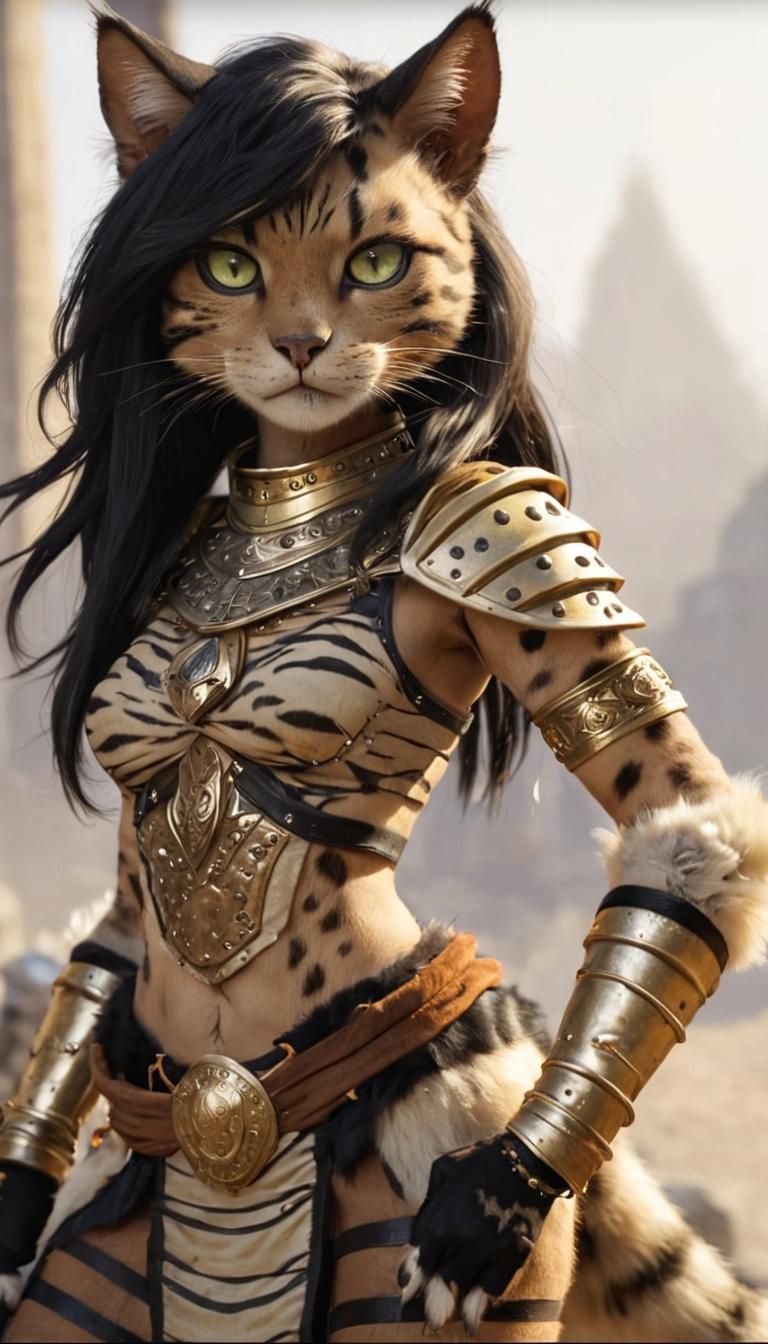 Female Tabaxi Warrior in Studded Leather Armor