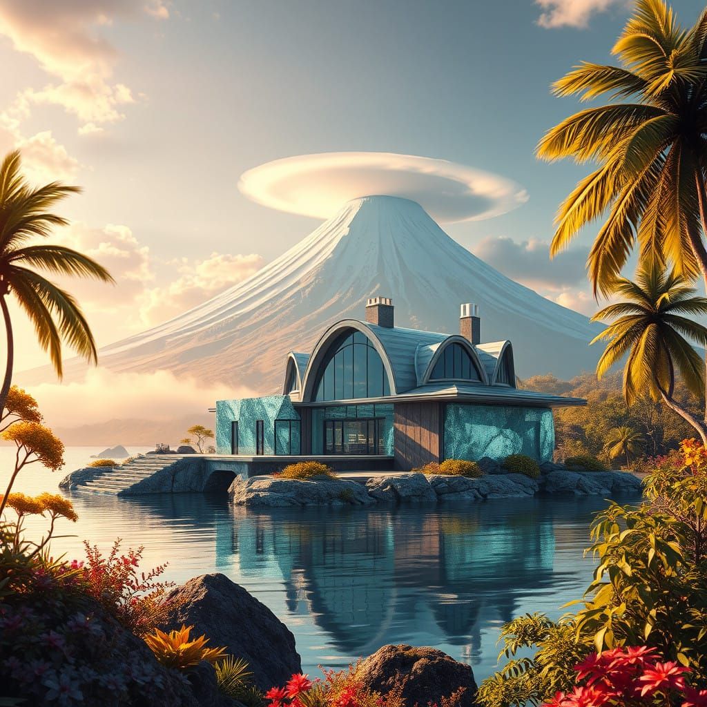 Island Glass Palace in Dreamlike Landscape