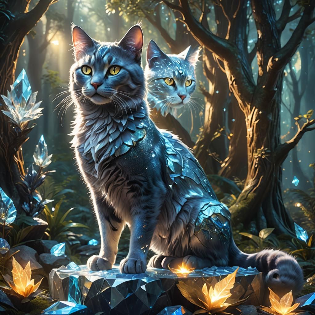 Iridescent Cat on Crystal Throne in Mystical Forest