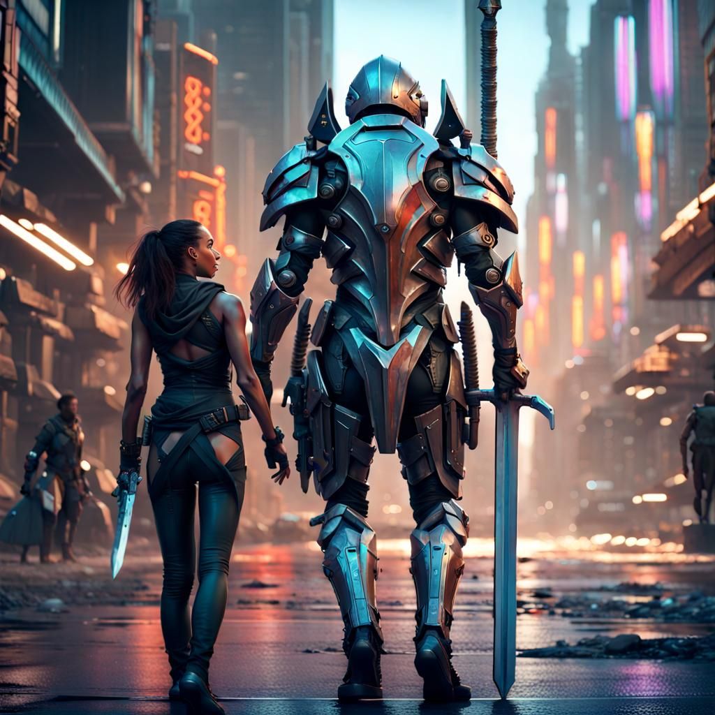 Futuristic Mercenary and Android in Dystopian City