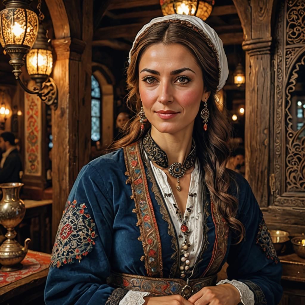 Elegant Turkish Innkeeper in 17th Century Setting