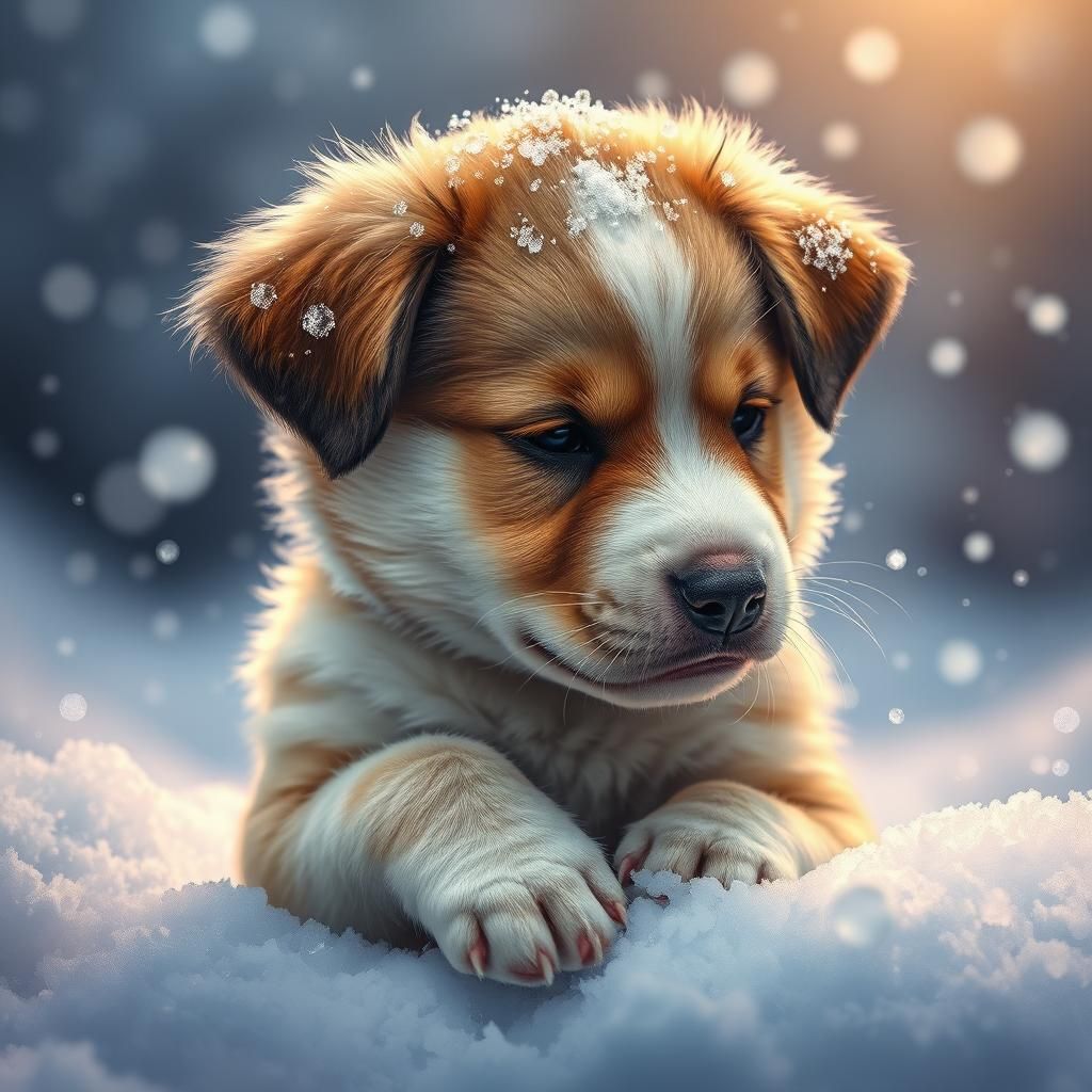 Hyperrealistic Puppy Covered in Snow, Splash Art