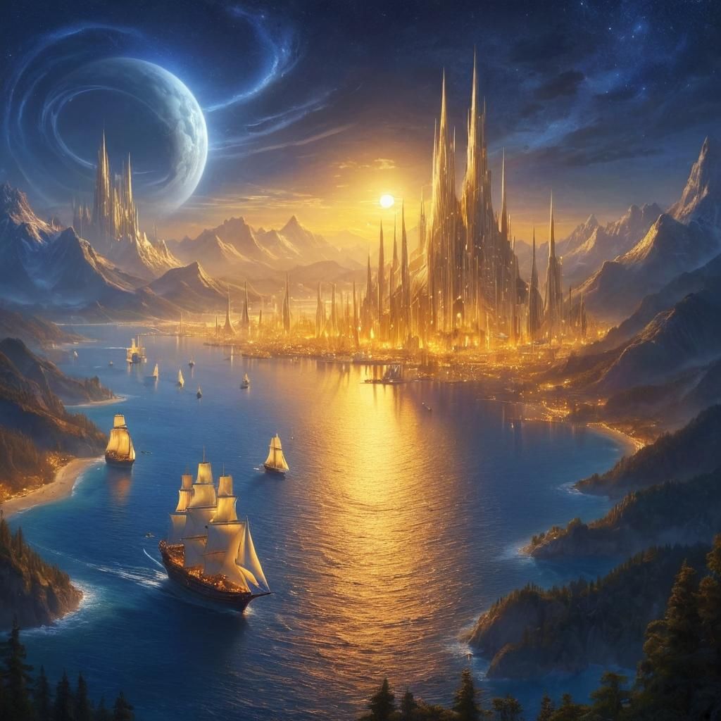 Valinor's Golden Shores with elven ships sailing towards the...