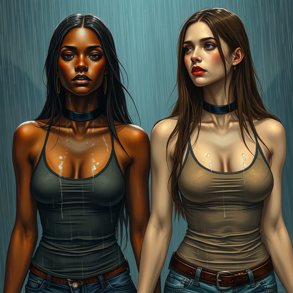 Women Embracing in Rainy Hyper-Realistic Portrait