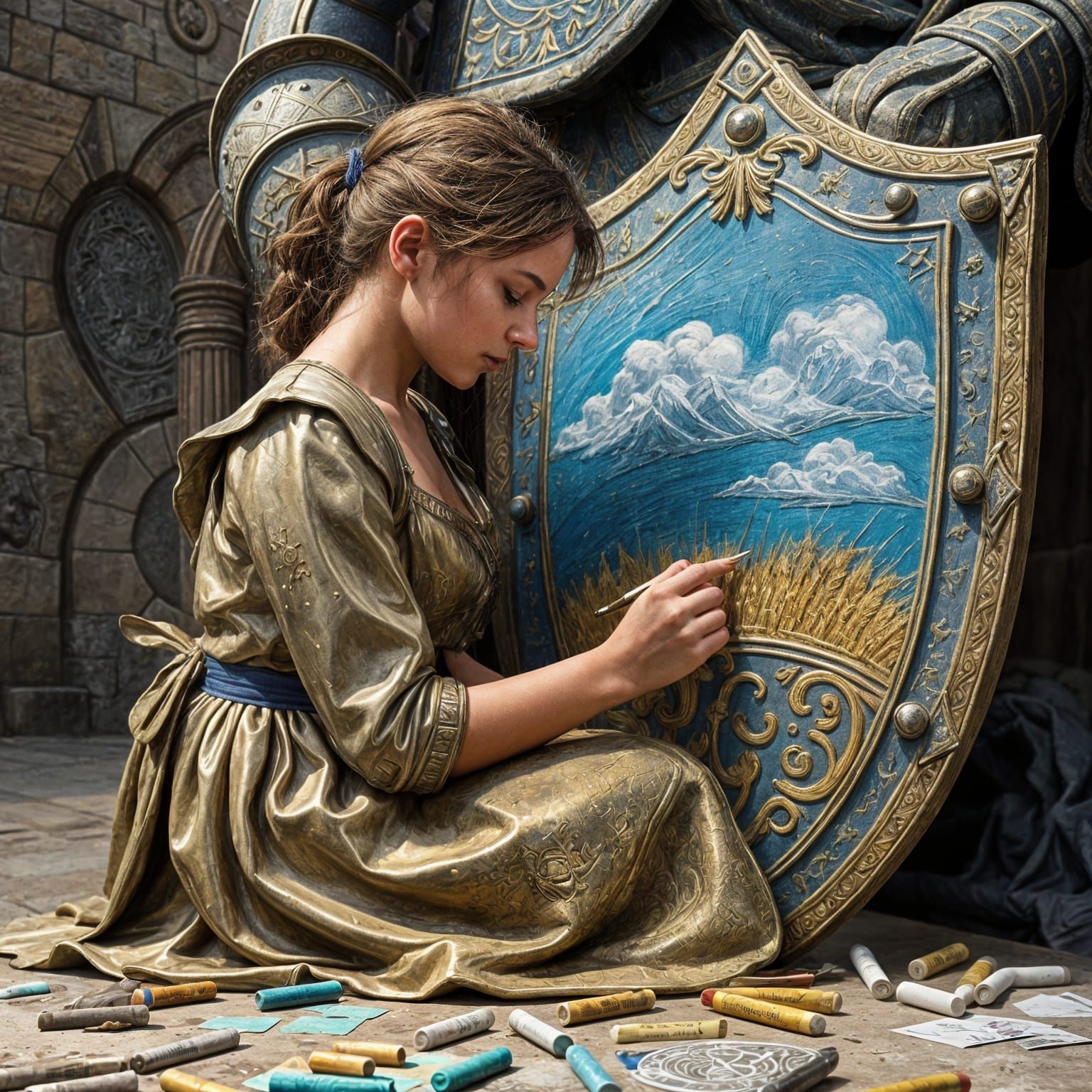 Girl Depicts Epic Scene on Knight's Shield in Chalk