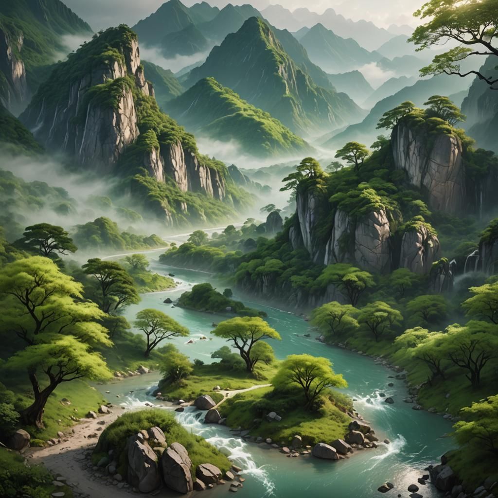 Serene Mountain Landscape Painting with River and Trees