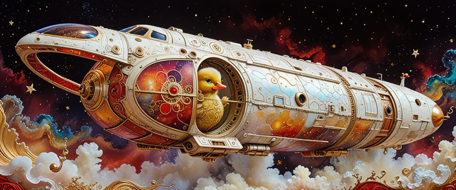 Surreal Space Transporter with Duckling in Mixed Media