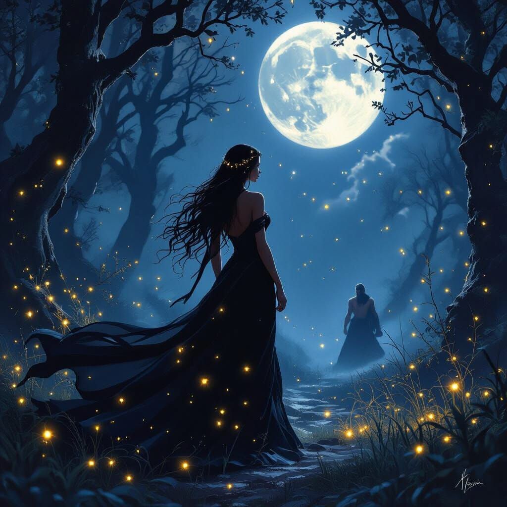 Goddess Nyx in Mystical Forest, Dreamlike Art