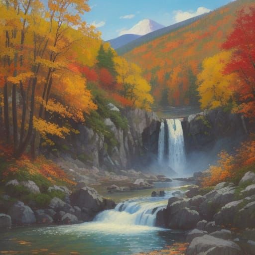 Vibrant Autumn Mountain Landscape with Waterfalls