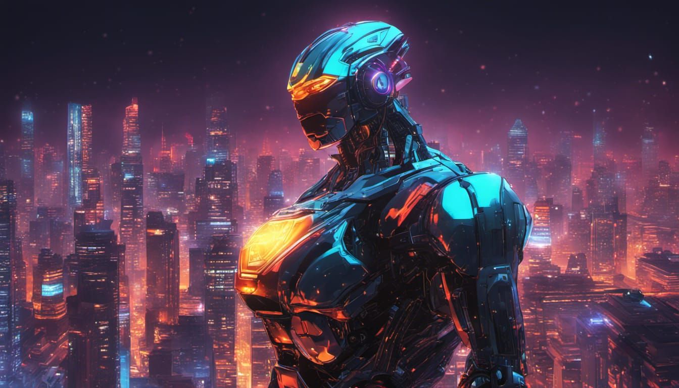Diamond Robot Amitabha in Cyberpunk Cityscape