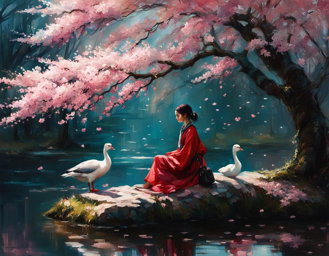 Girl and Goose under Cherry Blossoms in Ink Flow Style