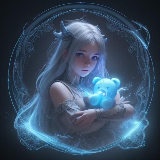 Girl Wizard Summons Teddy Bear Knight: Digital Art