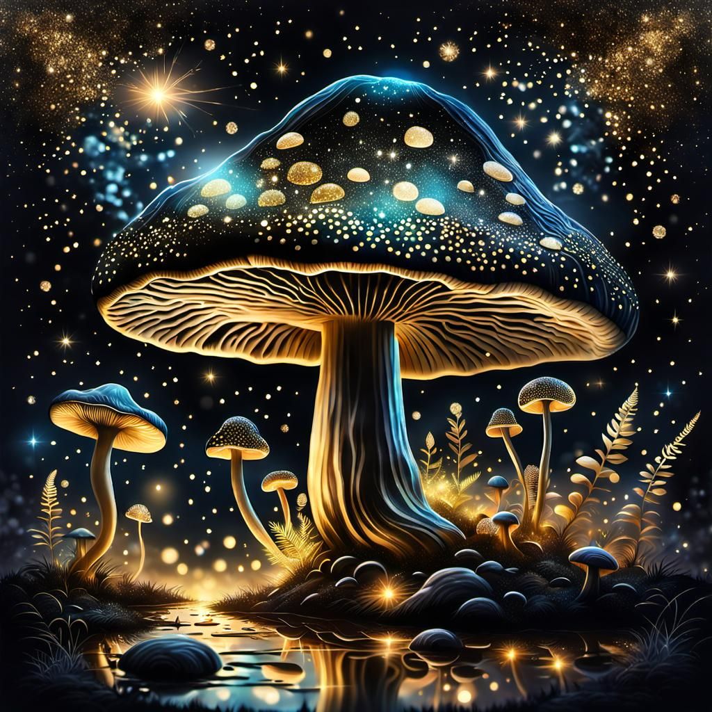 Cosmic Midnight Mushroom Dreamscape with Golden Sparkles