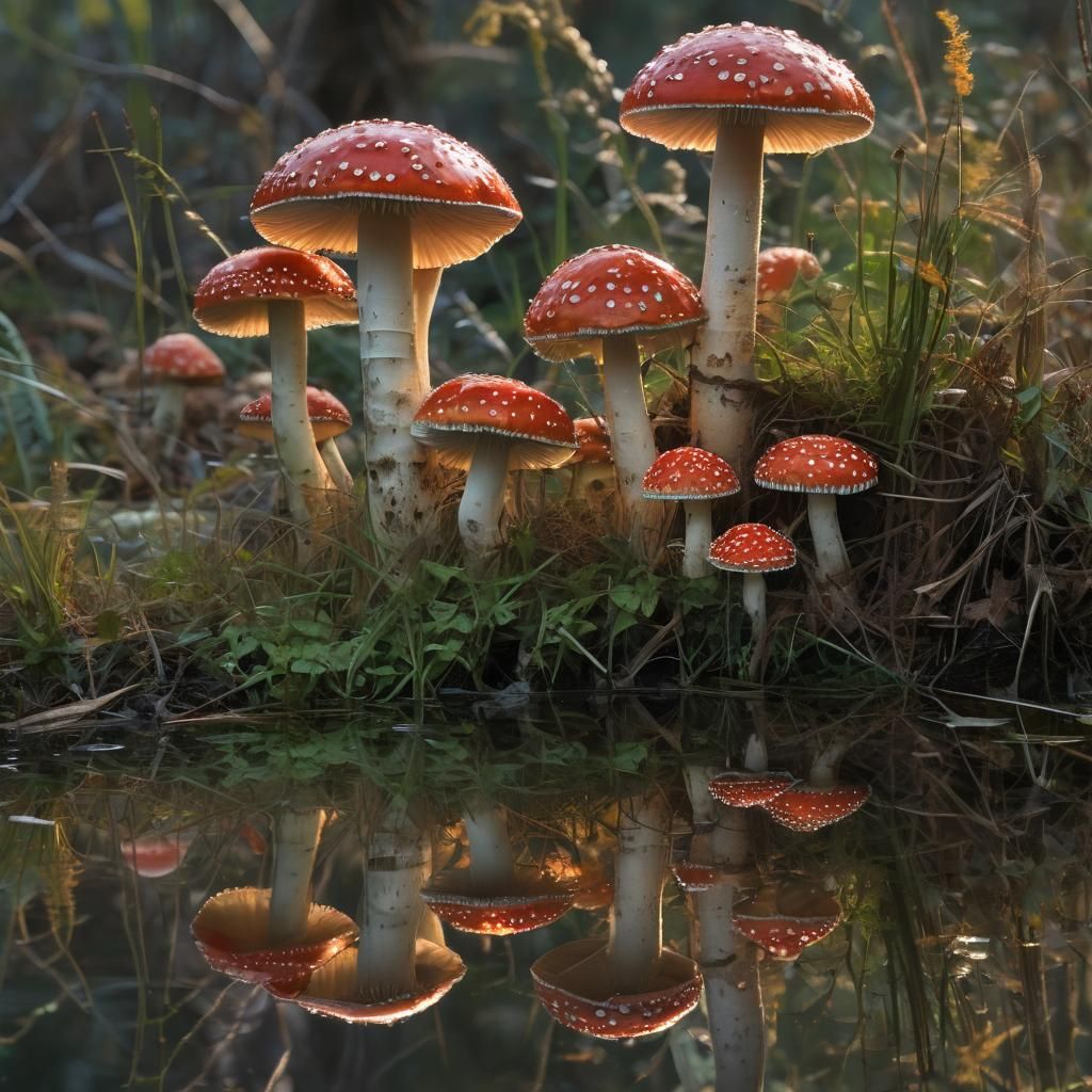 Amanita Muscaria Mushrooms in a Grassy Meadow