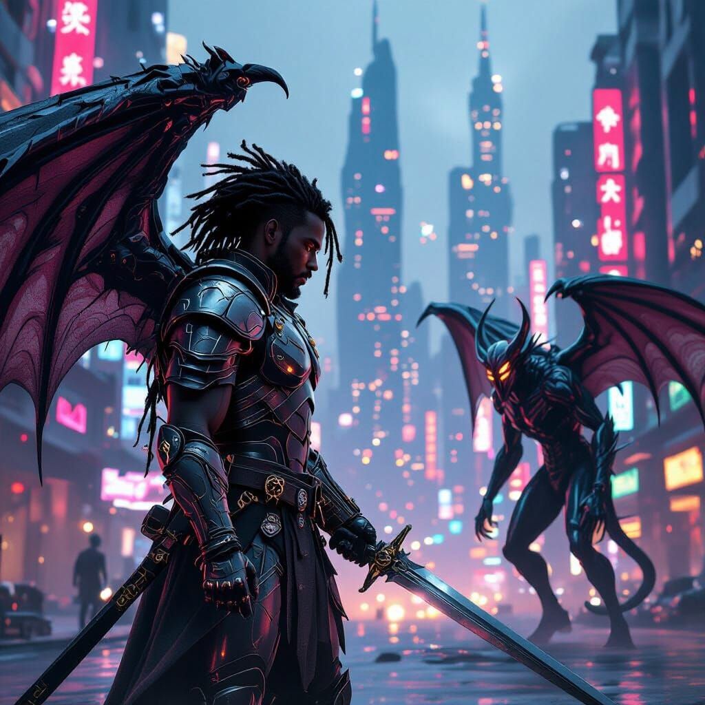 Cyberpunk Warrior Confronts Winged Demon in Cityscape