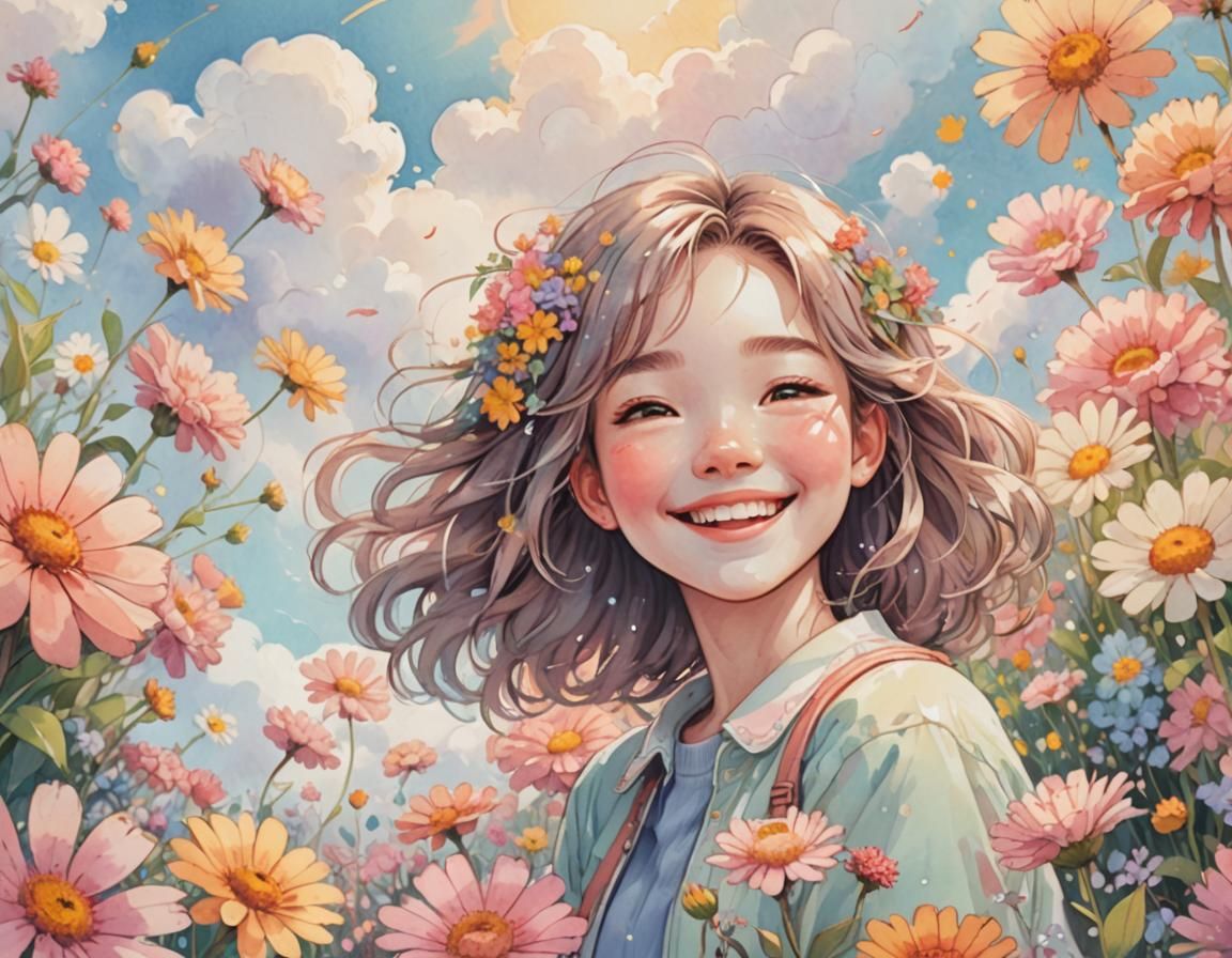 Cheerful Girl Surrounded by Flowers in Kawaii Style