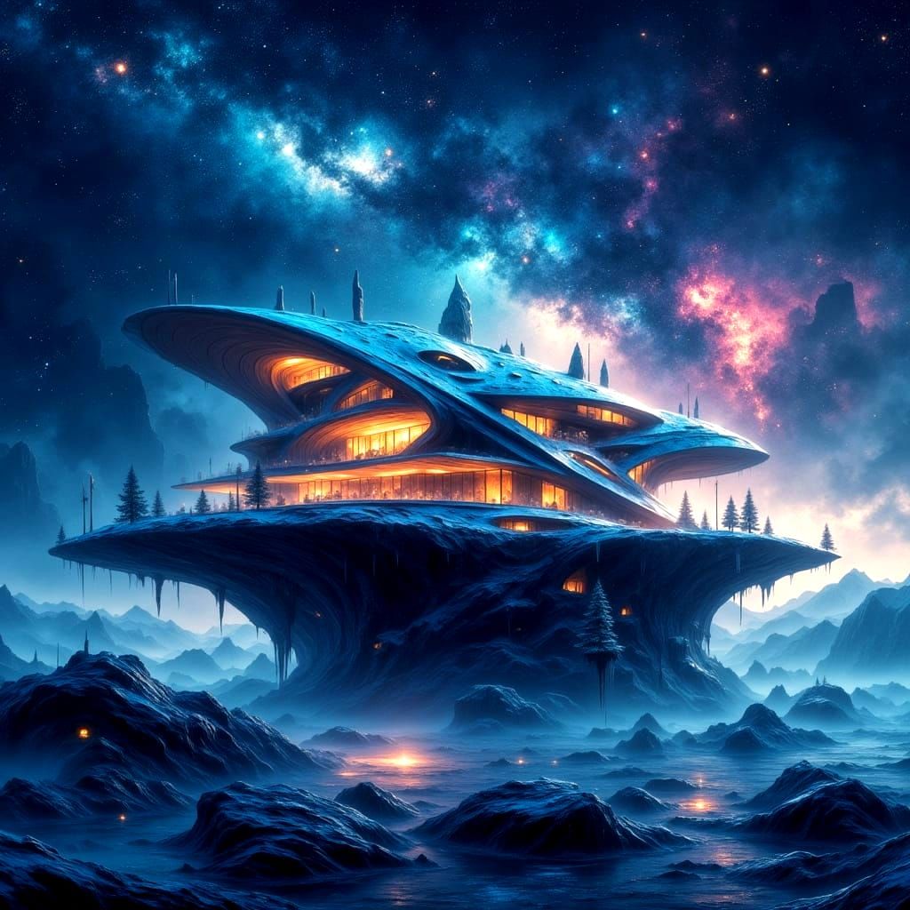 Futuristic House on Floating Island in Cosmic Ocean