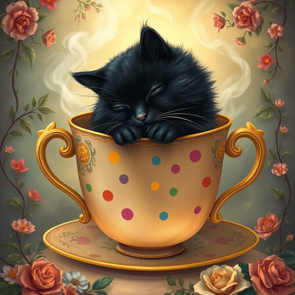 Polka Dot Cat Asleep in Astral Teacup