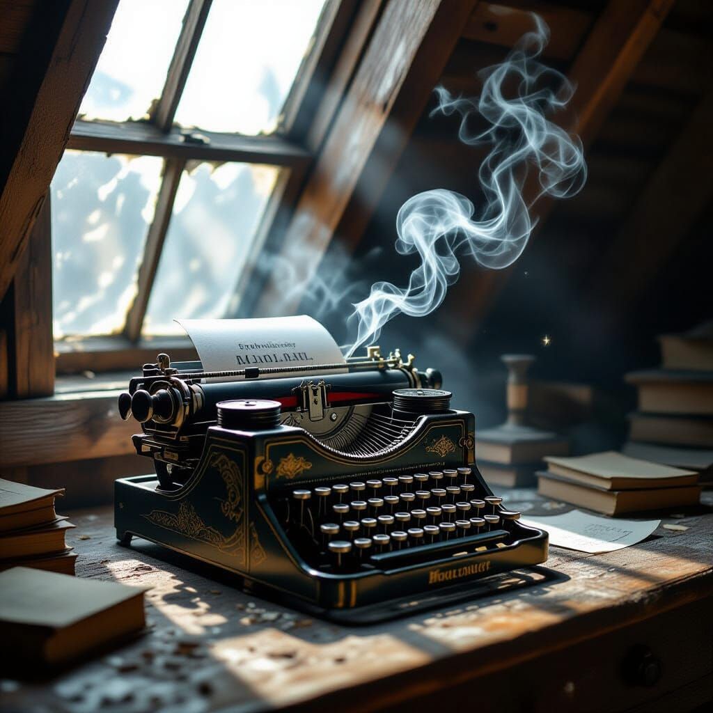 Ornate Typewriter in Dim Attic, Dark Fantasy Style
