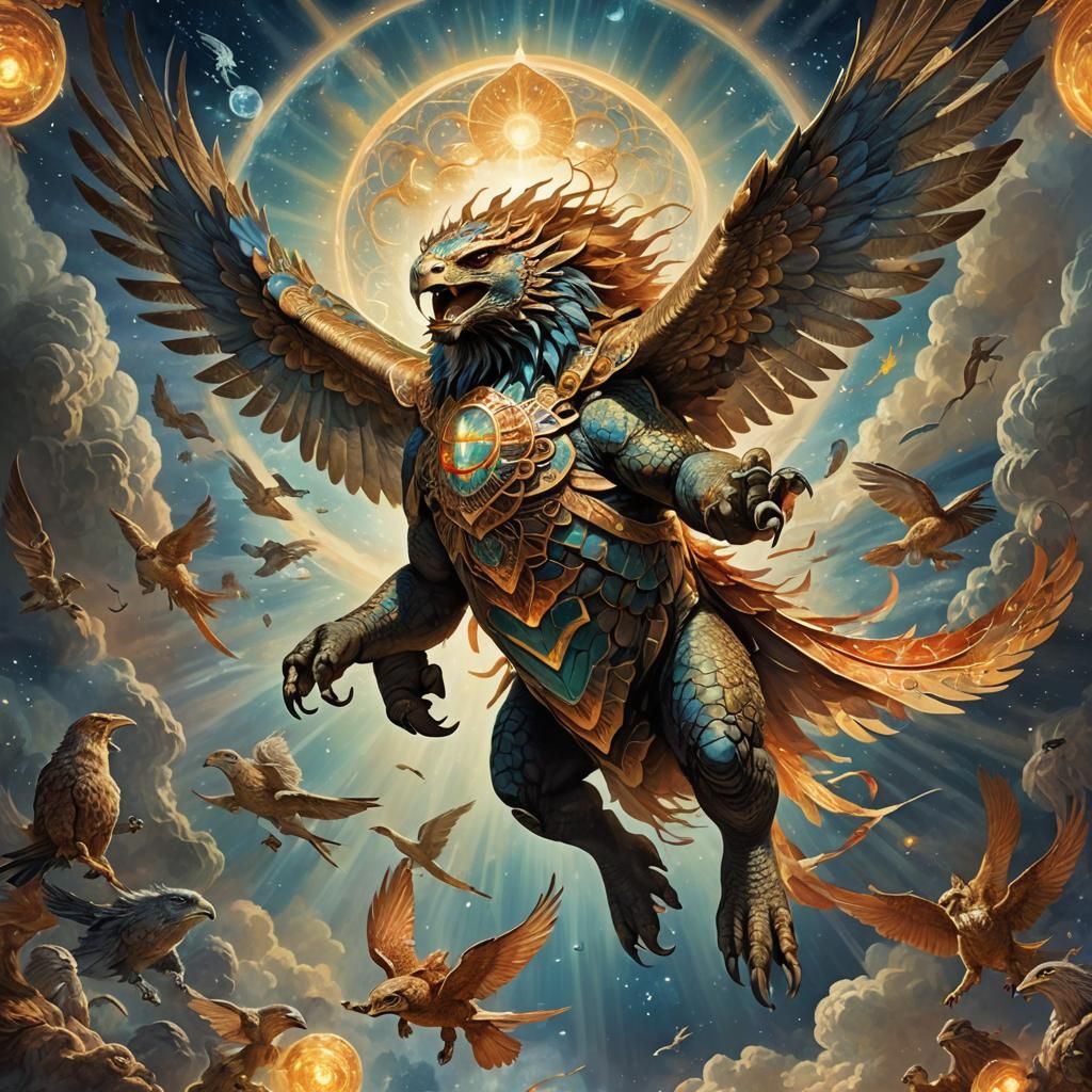 Flying Lion-Turtle-Hawk Chimera in Cosmic Sky