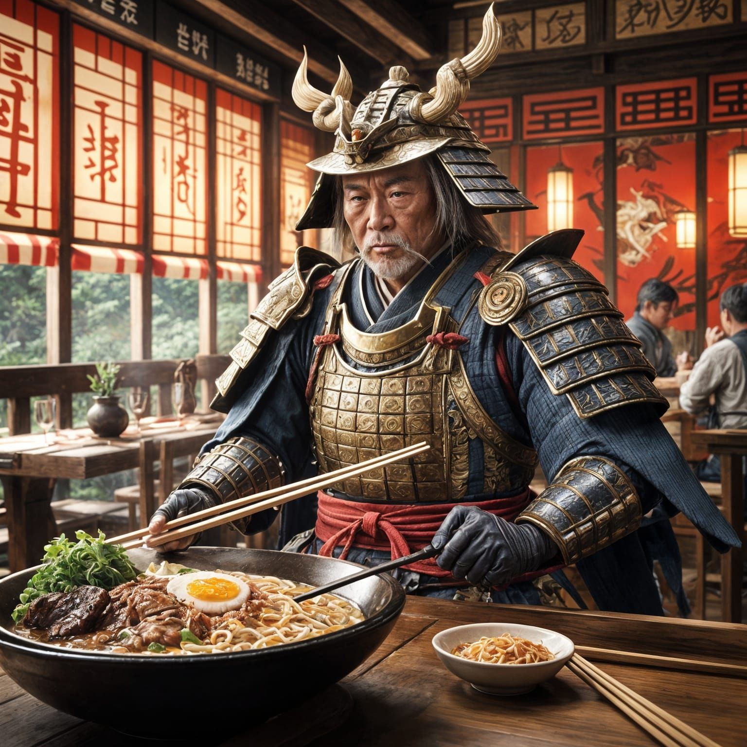A Relaxed Elder Wise Samurai in Armor Eats a Rich Ramen in m...