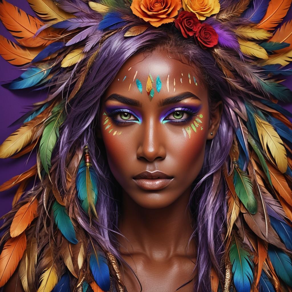Surreal Woman with Metallic Skin and Colorful Feathers