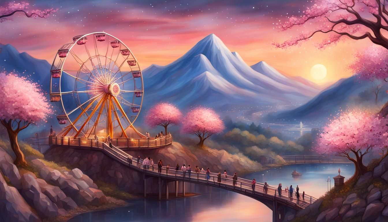 Fantasy Cherry Blossom Theme Park at Sunset