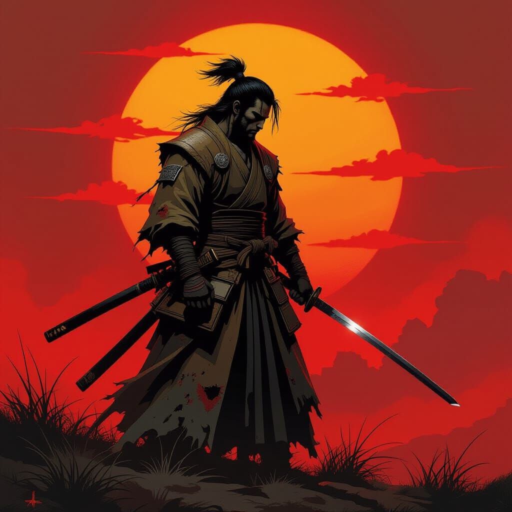 Samurai Silhouette Against Crimson Sunset, Fantasy Art Style