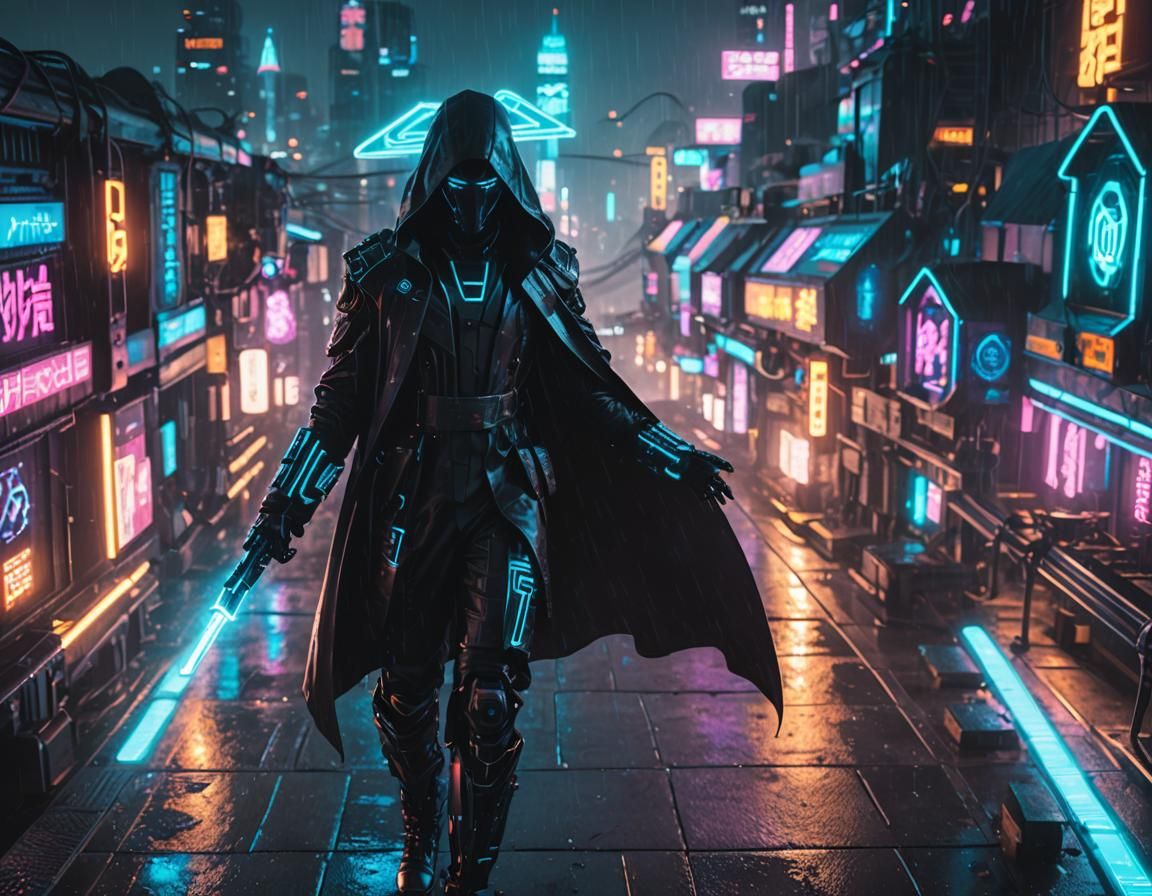 Cyberpunk Figure Stands Before a Sleek Mech in a Neon-Lit Ci...