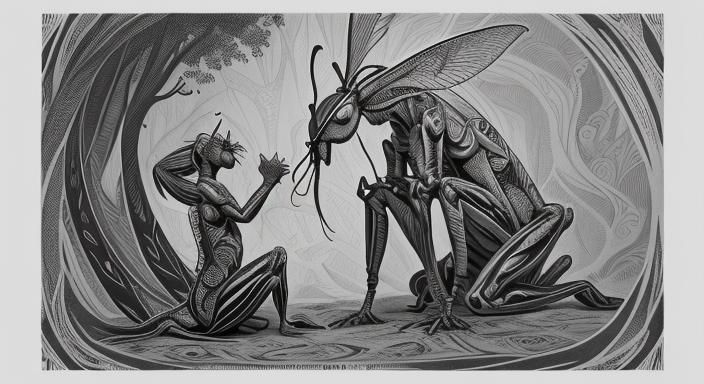 Praying Mantis Feast: Linocut in Golden Ratio