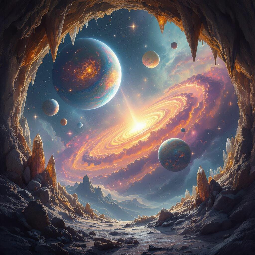Cosmic Cavern: Planets and Nebulae in Fantasy Art Style