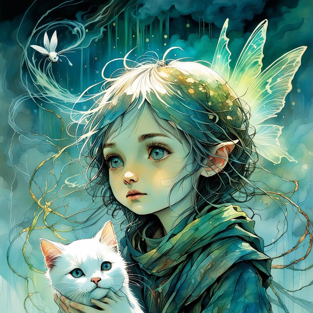Surprised Fairy and Giant Kitten in Dark Fantasy