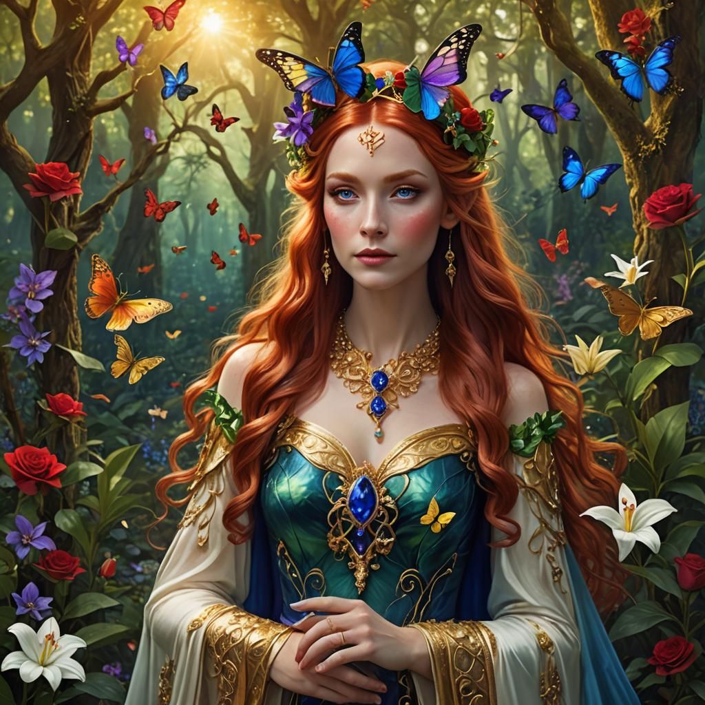 Red-Haired Elf Queen in Mystical Rose Garden