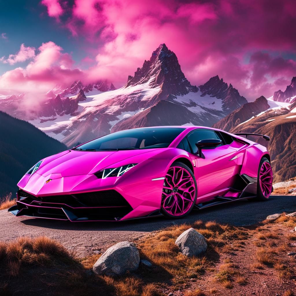 Futuristic Pink Lamborghini on Mountain Landscape