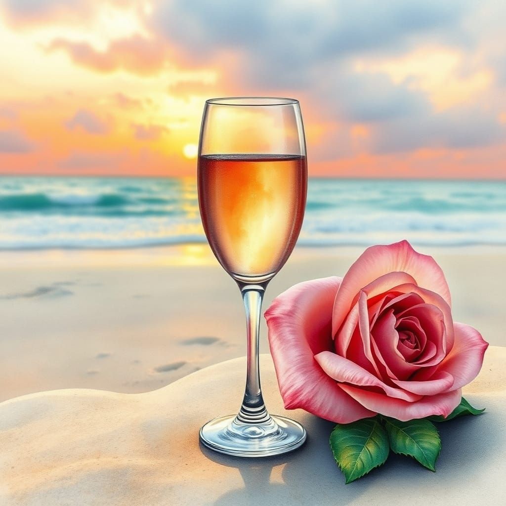 Whimsical Sunset Beach Scene in Watercolor Style