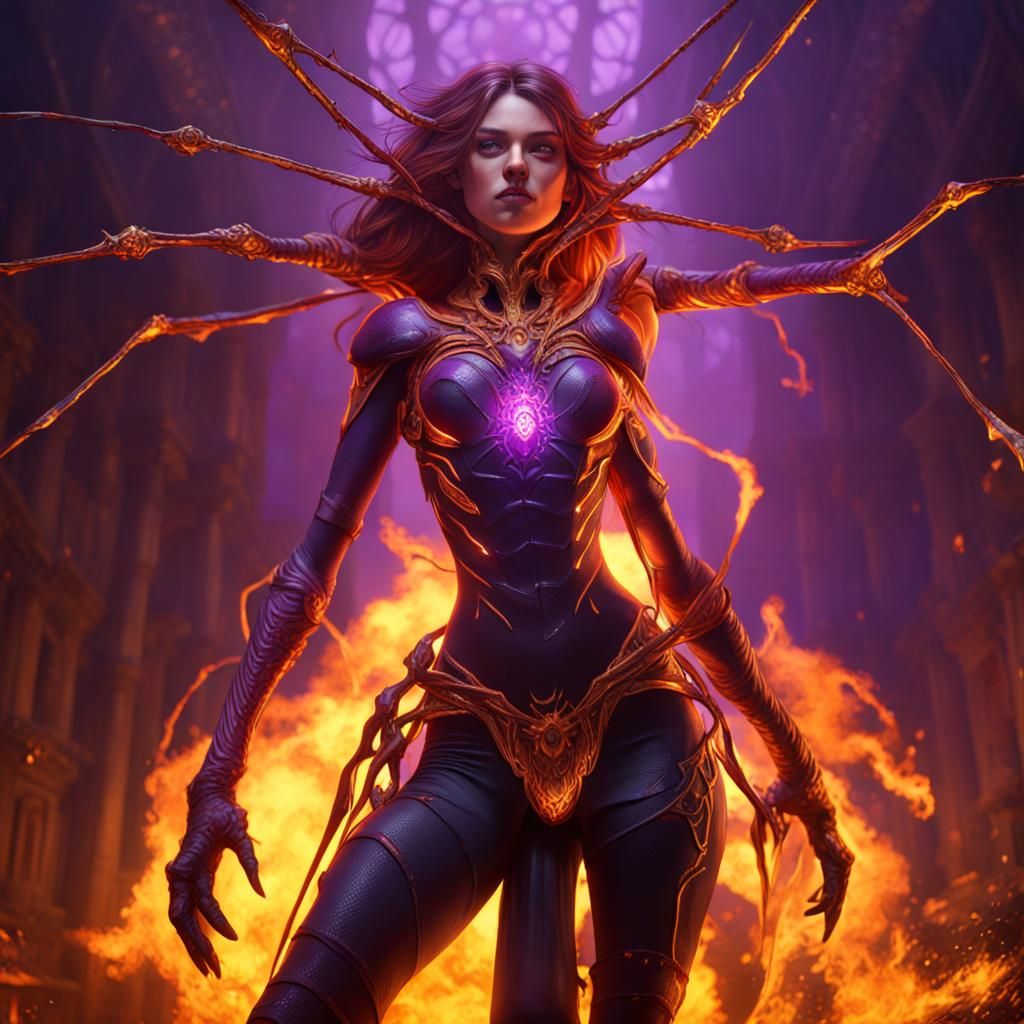 Fiery Spider Woman in Dark Fantasy Style